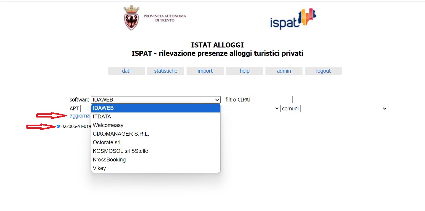 Selezione del codice CIPAT e pulsante aggiorna