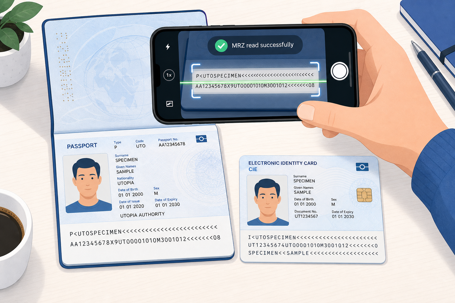 Smartphone che fotografa il codice MRZ di un passaporto e di una carta d'identità per la lettura ottica automatica